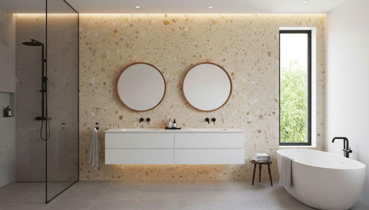 Кремовый терраццо в мокрой зоне