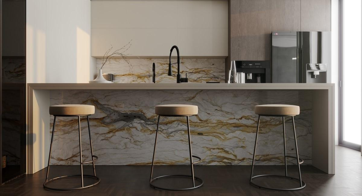 Мрамор Aurora Gold в интерьере кухни Мрамор Aurora Gold в интерьере кухни