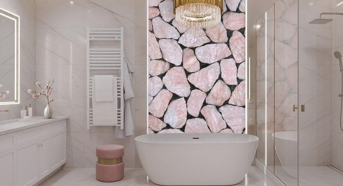 Слэб кварца Pink With Silver, собранный вручную с добавлением серебряной потали