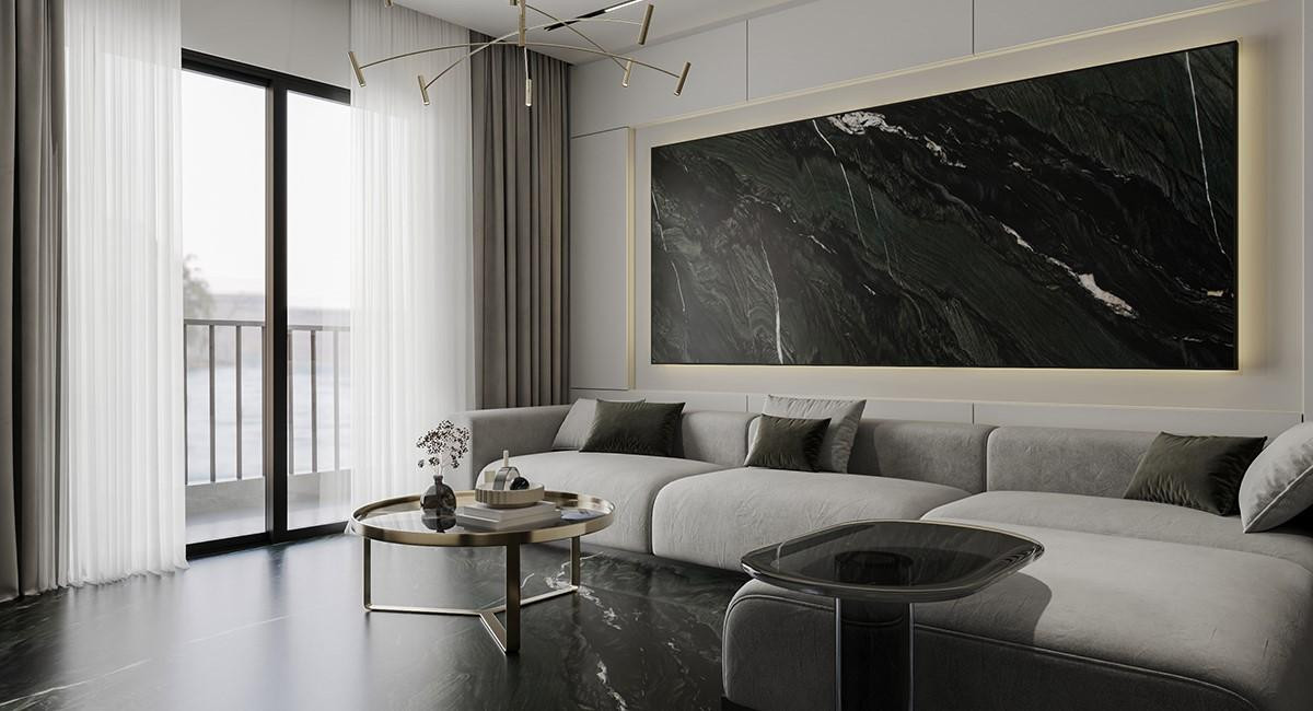 Панно из кварцита Black Tempest Crystal эффектно дополняет интерьер гостиной
