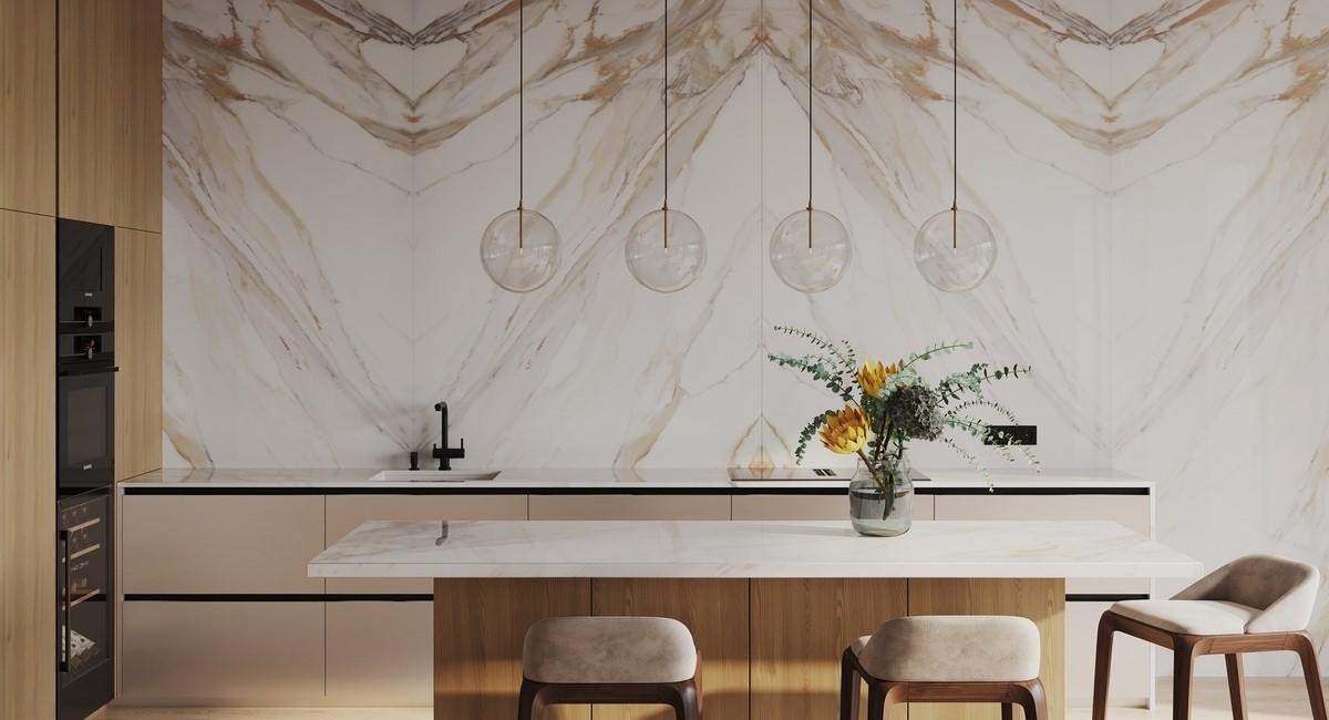 Кварцевый агломерат Calacatta Etna в кухне